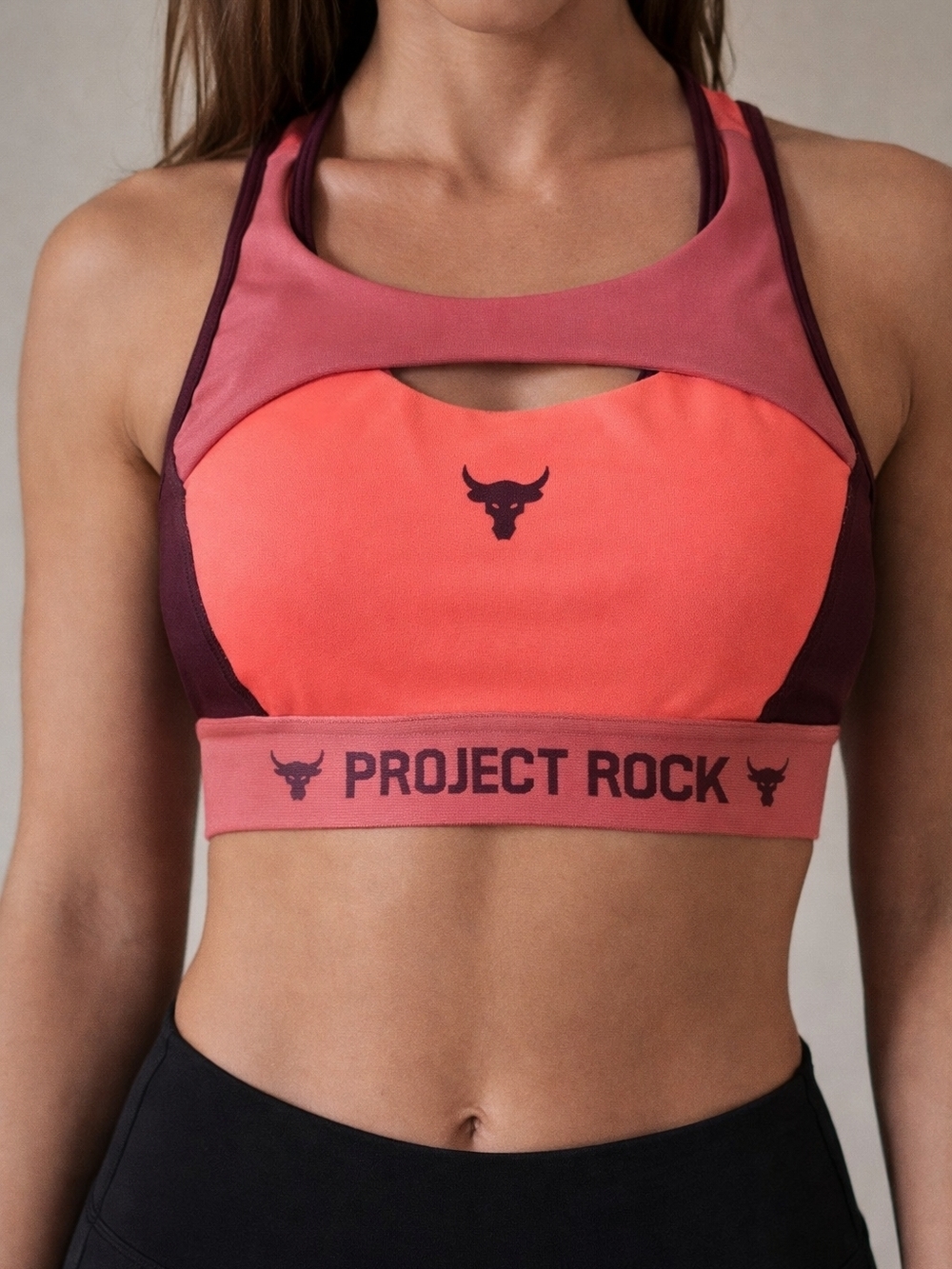 Under Armour Project Rock Coral & Maroon Cutout Sports Bra